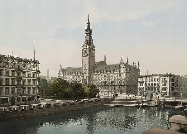 City Hall with Alster, Hamburg, Germany, Historic, Photochrome print from the 1890s