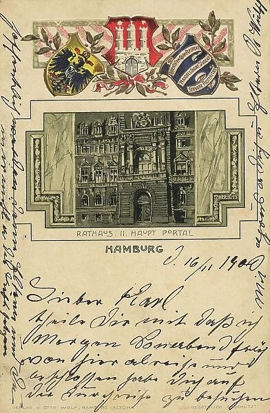 City Hall, Hamburg, Germany, postcard with text, view around ca 1910, historical, digital reproduction of a historical postcard, public domain, from that time, exact date unknown