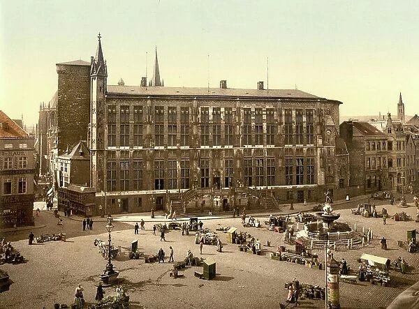 City Hall and Market Place of Aachen, North Rhine-Westphalia, Germany, Historic, Photochrome print from the 1890s