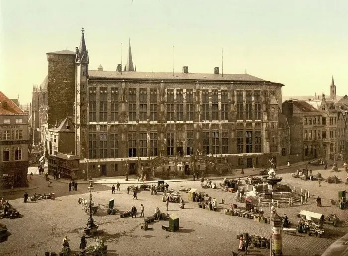 Framed Print : City Hall and Market Place of Aachen, North Rhine-Westphalia, Germany, Historic, Photochrome print from the 1890s Framed Print : City Hall and Market Place of Aachen, North Rhine-Westphalia, Germany, Historic, Photochrome print from the 1890s