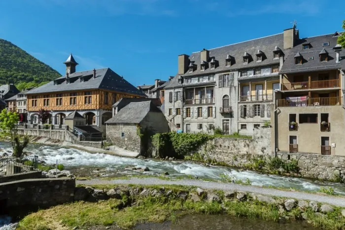 Framed Print : The city hall and the River Aure at Arreau, Hautes Pyrenees, France Framed Print : The city hall and the River Aure at Arreau, Hautes Pyrenees, France