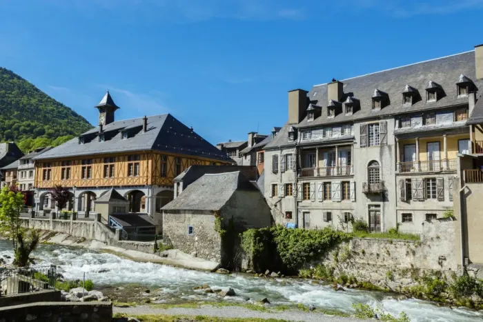 Framed Print : The city hall and the River Aure at Arreau, Hautes Pyrenees, France Framed Print : The city hall and the River Aure at Arreau, Hautes Pyrenees, France