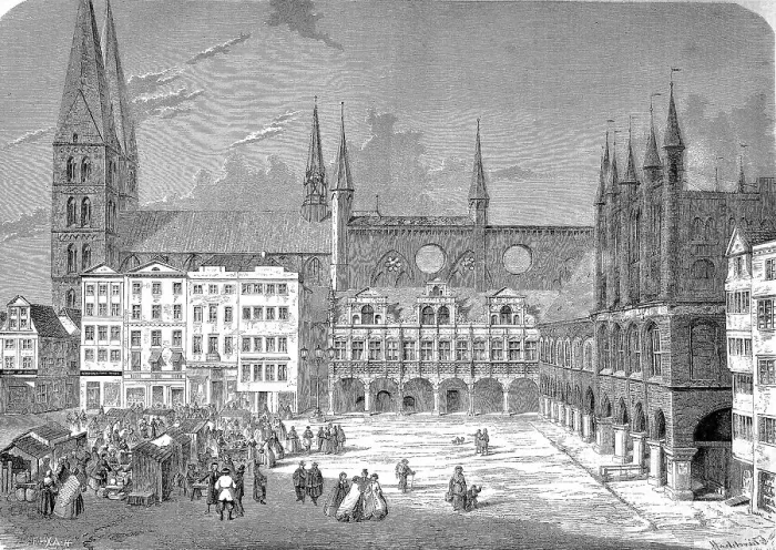 Framed Print : City Hall and St. Mary's Church and Hospital to the Holy Spirit, Luebeck, Market Square, Schleswig-Holstein, Germany, Historic, digitally restored reproduction of an original 19th century painting, exact original date unknown Framed Print : City Hall and St. Mary's Church and Hospital to the Holy Spirit, Luebeck, Market Square, Schleswig-Holstein, Germany, Historic, digitally restored reproduction of an original 19th century painting, exact original date unknown