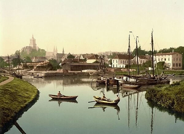 City and harbour of Kleve, North Rhine-Westphalia, Germany, Historic, digitally restored reproduction of a photochromic print from the 1890s