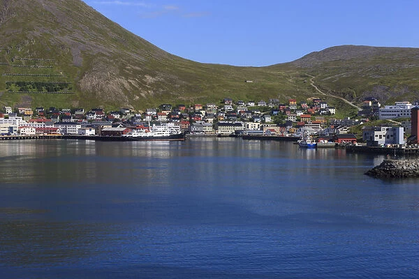 City on hill with harbor, North Cape, Honningsvag, Norway
