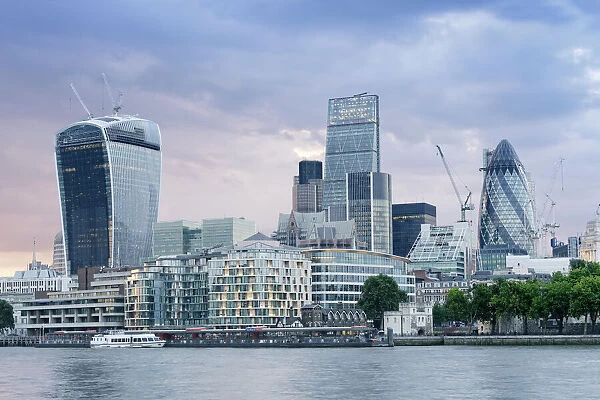 City of London skyline, including the Walkie Talkie building, Leadenhall building and The Gherkin, London, England, United Kingdom