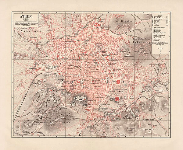 City map of Athens, lithograph, published in 1881