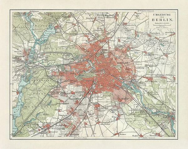City map of Berlin and surrounding, Germany, lithograph, published 1897