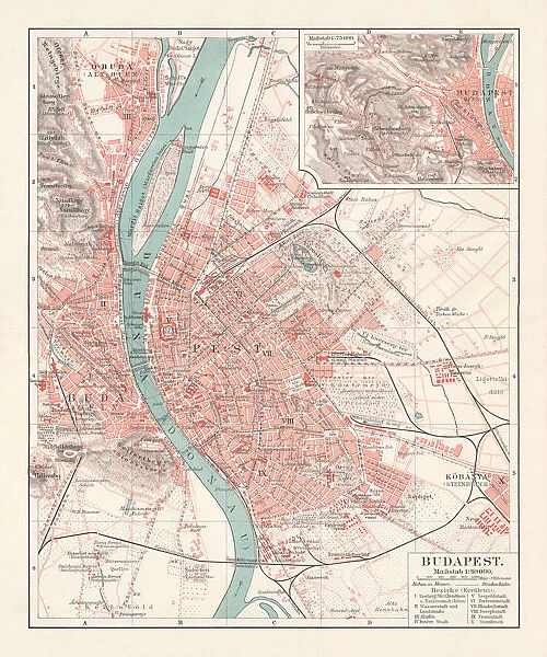 City map of Budapest, capital of Hungary, lithograph, published 1897