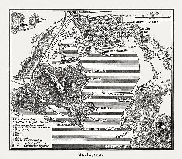 City map of Cartagena, Murcia, Spain, wood engraving, published 1897
