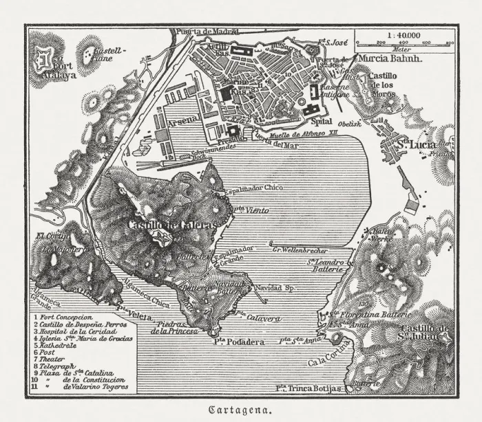 Framed Print : City map of Cartagena, Murcia, Spain, wood engraving, published 1897