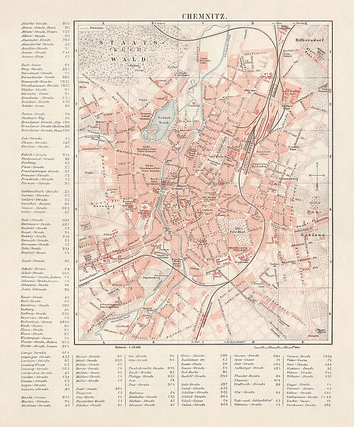 City map of Chemnitz, Germany, lithograph, published in 1897