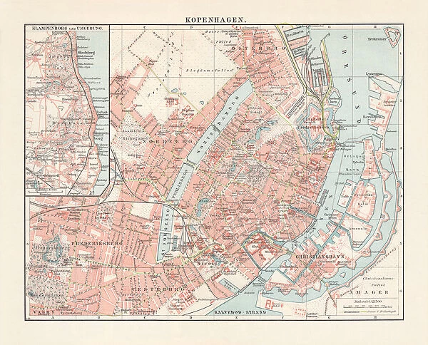 City map of Copenhagen, capital of Denmark, lithograph, published 1897