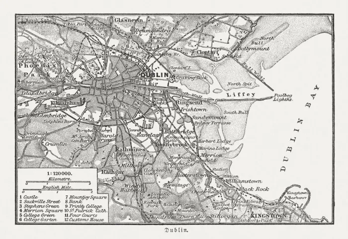 Framed Print : City map of Dublin, Ireland, wood engraving, published in 1897 Framed Print : City map of Dublin, Ireland, wood engraving, published in 1897