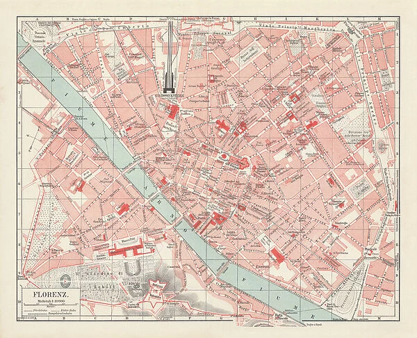 City map of Florence, Italy, lithograph, published in 1897