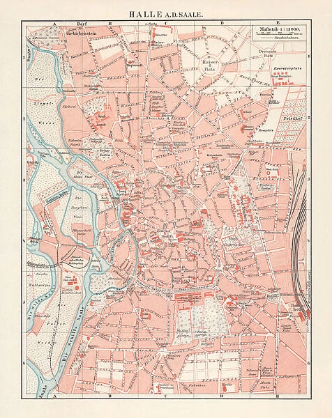 City map of Halle (Saale), Saxony-Anhalt, Germany, lithograph, published in 1897