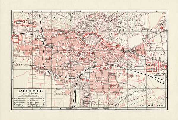 City map of Karlsruhe, Baden-WAOErttemberg, Germany, lithograph, published in 1897