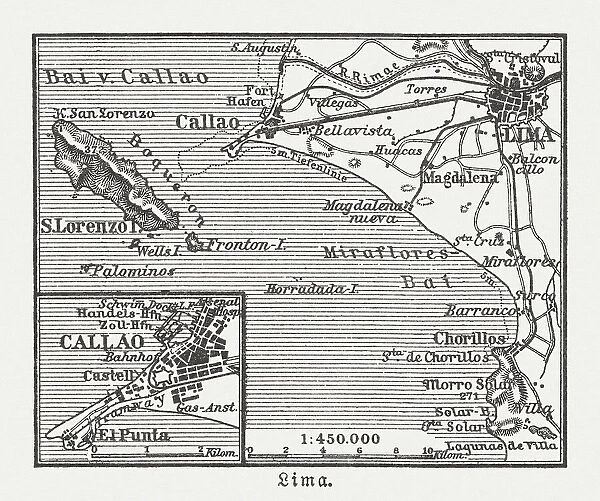 City map of Lima and surroundings, Peru, woodcut, published 1897
