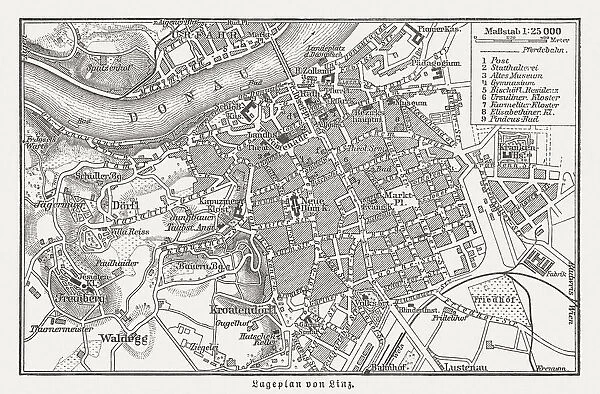 City map of Linz, Upper Austria, wood engraving, published in 1897