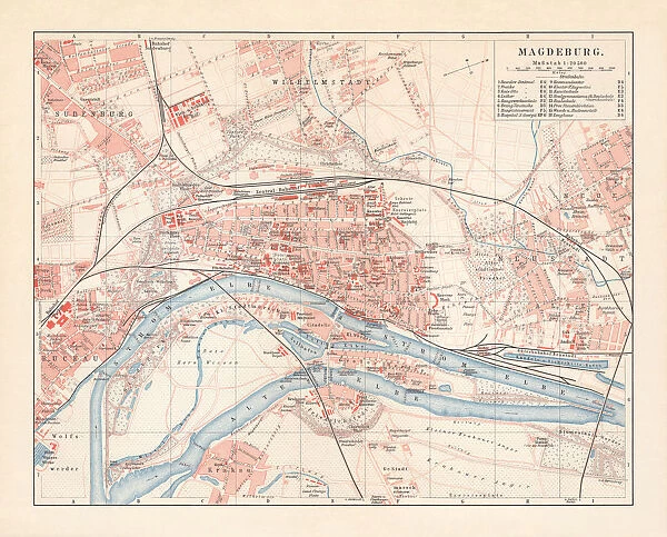 City map of Magdeburg, Saxony-Anhalt, Germany, lithograph, published in 1897