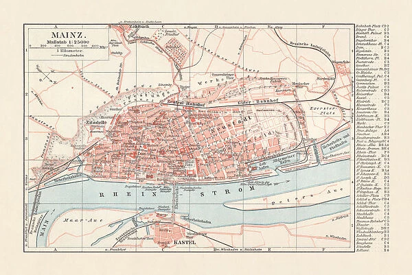 City map of Mainz, Rhineland-Palatinate, Germany, lithograph, published in 1897