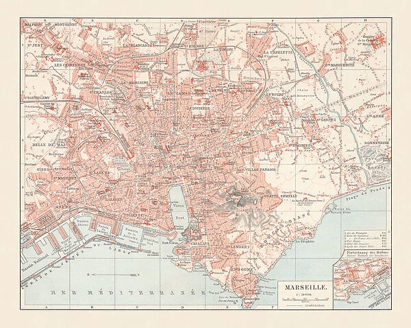 City map of Marseille, Provence, France, lithograph, published in 1897