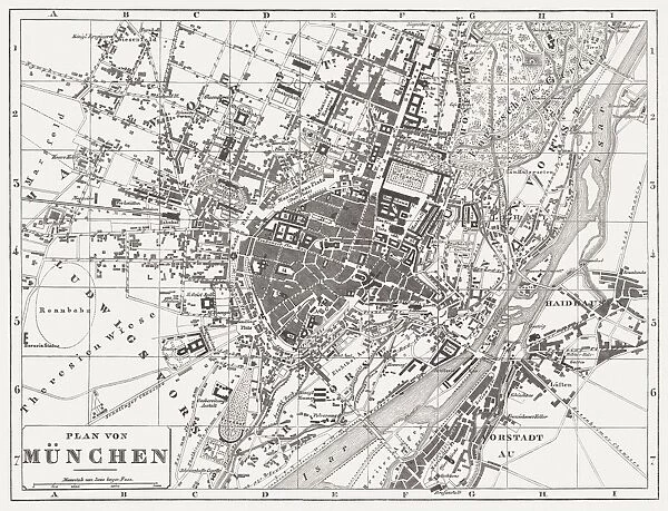 City map of Munich, wood engraving, published in 1854