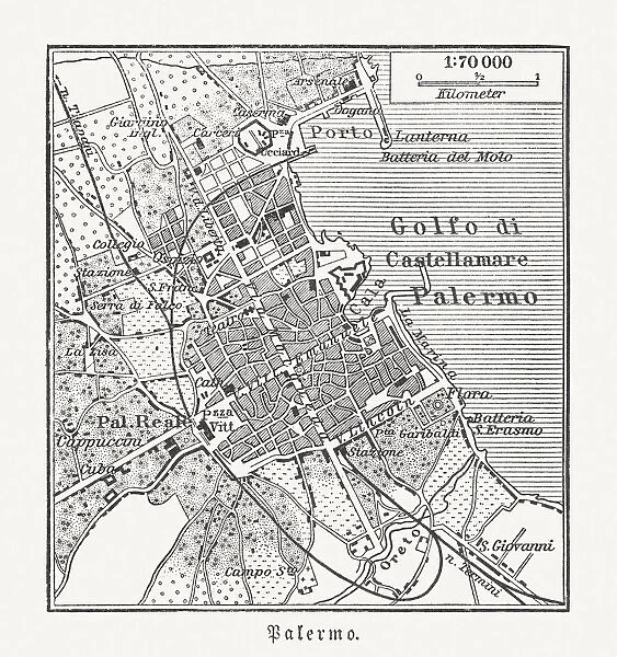City map of Palermo, Sicily, Italy, wood engraving, published 1897