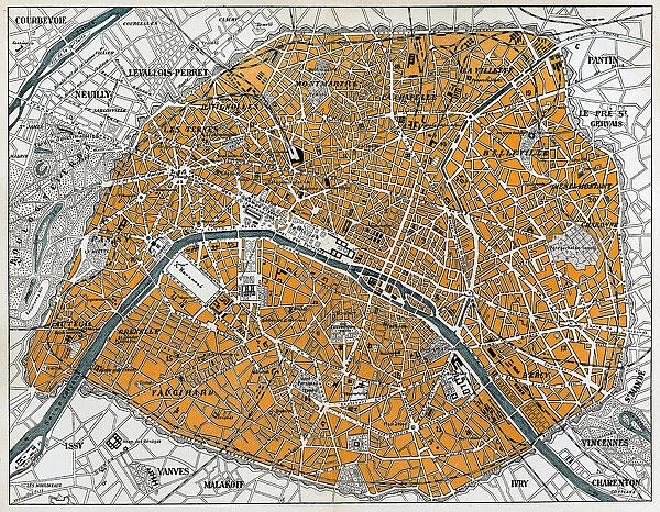 City map of Paris. Antique illustration of a City map of Paris