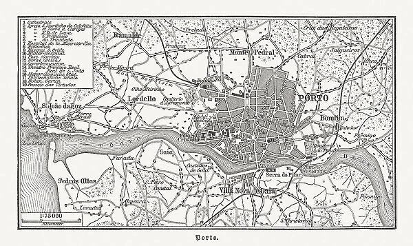 City map of Porto, Portugal, wood engraving, published in 1897