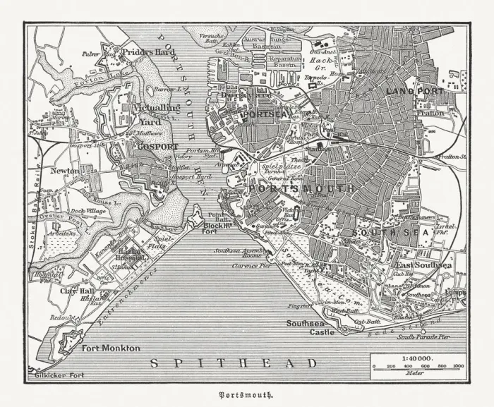Framed Print : City map of Portsmouth, Hampshire, England, wood engraving, published 1897 Framed Print : City map of Portsmouth, Hampshire, England, wood engraving, published 1897