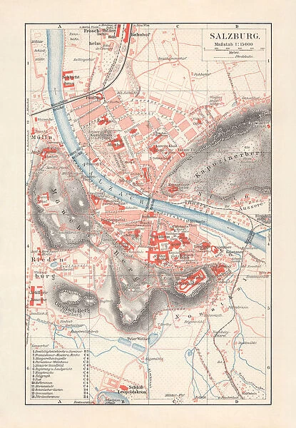 City map of Salzburg, Austria, lithograph, published in 1897