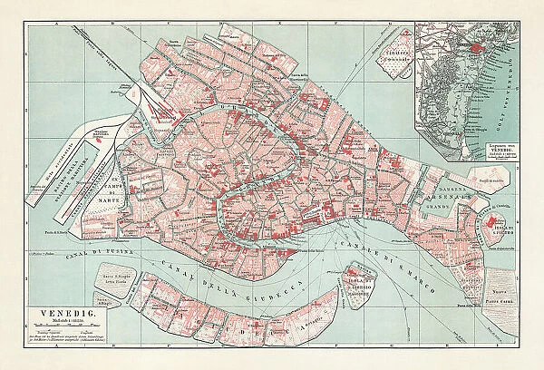City map of Venice, Italy, lithograph, published in 1897