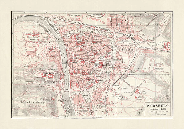 City map of WAOErzburg, Bavaria, Germany, lithograph, published in 1897