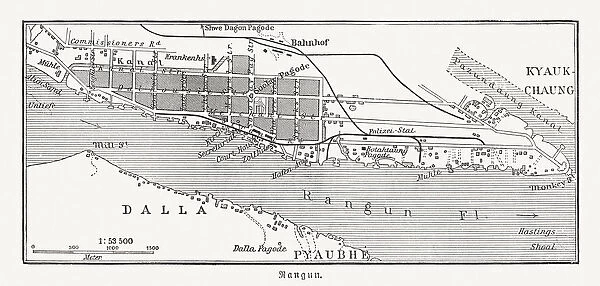 City map of Yangon (Rangoon), Myanmar, wood engraving, published 1897