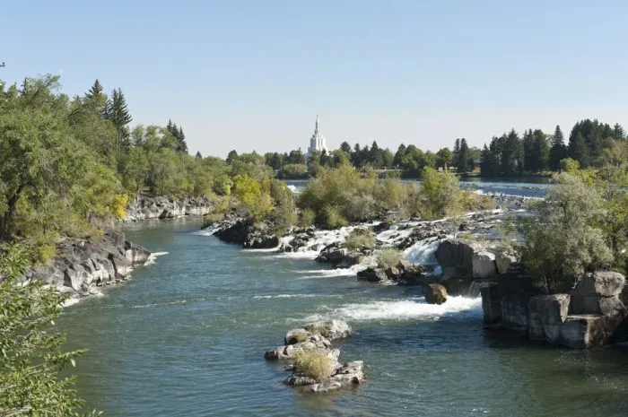Framed Print : City beside a river, waterfall, Snake River, Idaho Falls, Idaho, Western United States, United States of America, North America Framed Print : City beside a river, waterfall, Snake River, Idaho Falls, Idaho, Western United States, United States of America, North America