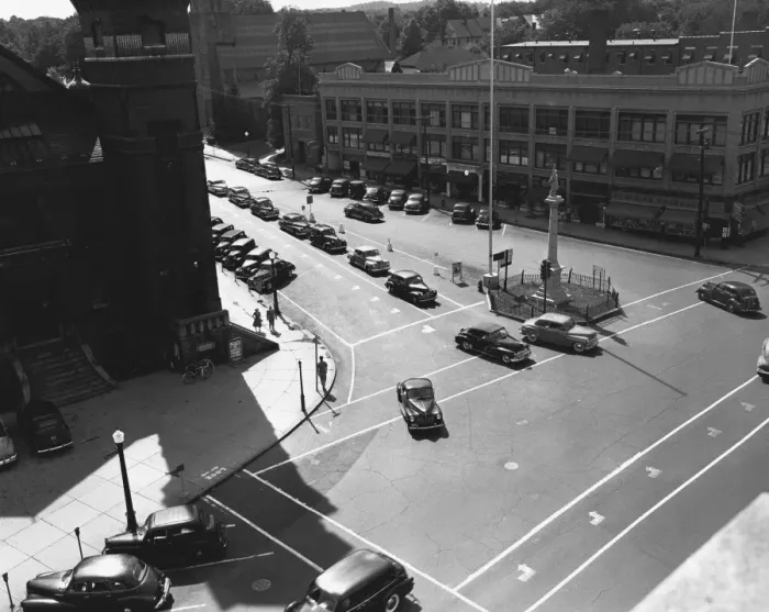 Framed Print : City street, (B&W), elevated view Framed Print : City street, (B&W), elevated view