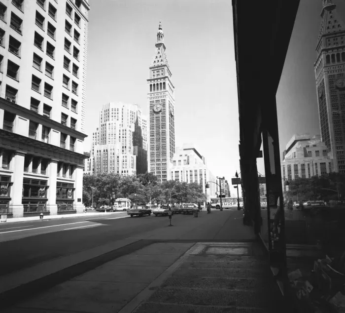 Framed Print : City street and clock tower, (B&W) Framed Print : City street and clock tower, (B&W)