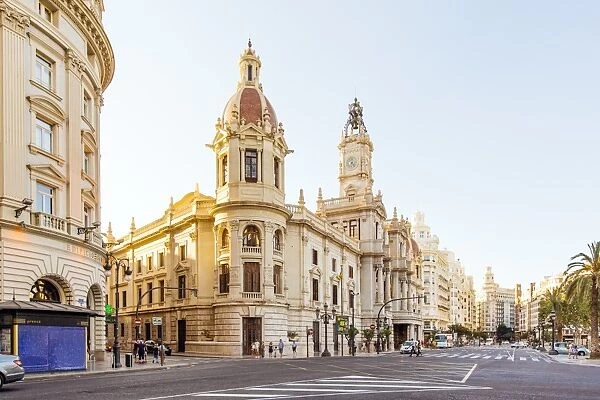City street with view towards City Hall, Plaza del Ayuntamiento, Valencia, Spain