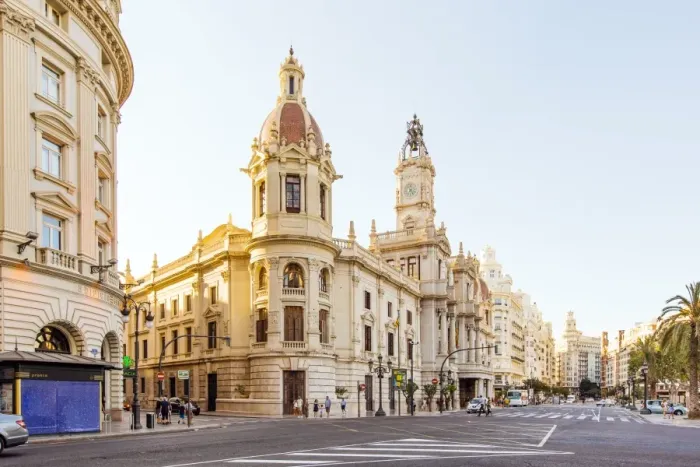 Framed Print : City street with view towards City Hall, Plaza del Ayuntamiento, Valencia, Spain Framed Print : City street with view towards City Hall, Plaza del Ayuntamiento, Valencia, Spain