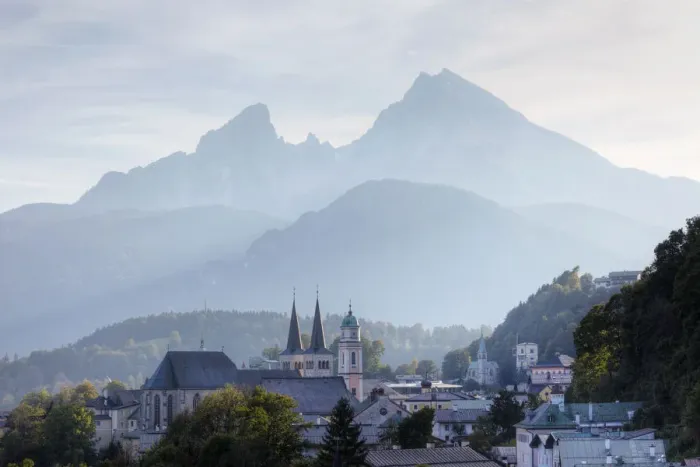 Framed Print : City view with parish church of St. Andreas and the twin towers of the collegiate church of St. Peter und Johannes der Taeufer, Mt. Watzmann in the back, Berchtesgaden, Berchtesgadener Land, Upper Bavaria, Bavaria, Germany, Europe Framed Print : City view with parish church of St. Andreas and the twin towers of the collegiate church of St. Peter und Johannes der Taeufer, Mt. Watzmann in the back, Berchtesgaden, Berchtesgadener Land, Upper Bavaria, Bavaria, Germany, Europe