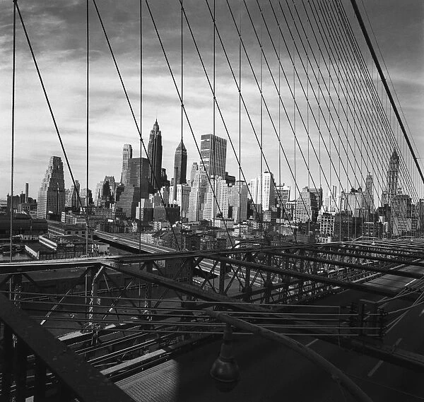 Cityscape through bridge cables