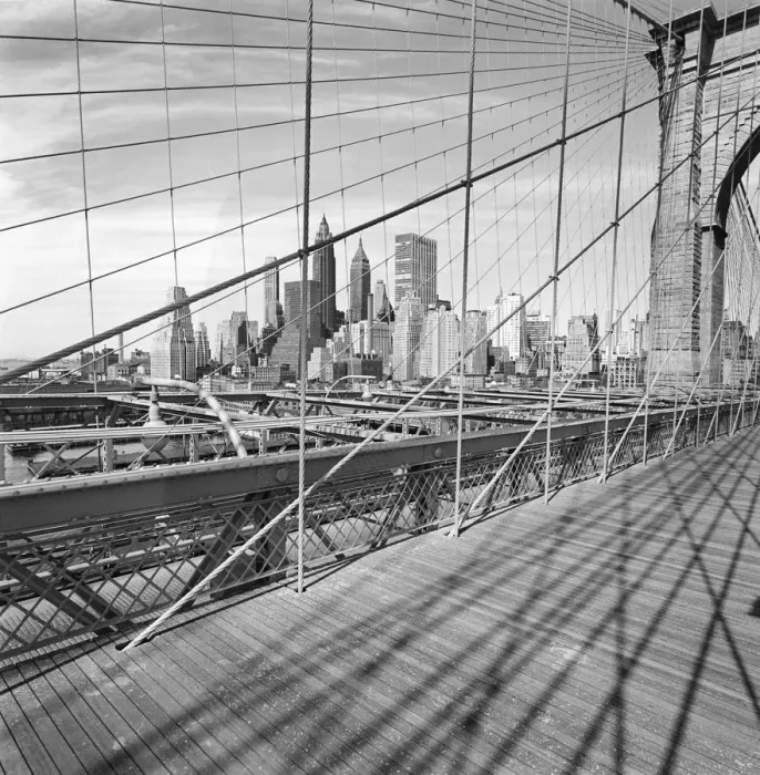 Framed Print : Cityscape through bridge cables, negative image Framed Print : Cityscape through bridge cables, negative image