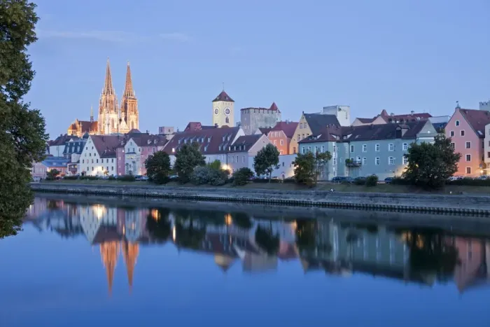 Framed Print : Cityscape with the Danube, historic centre, the clock tower of the Old Town Hall and Regensburg Cathedral, at night, Regensburg, Bavaria, Germany