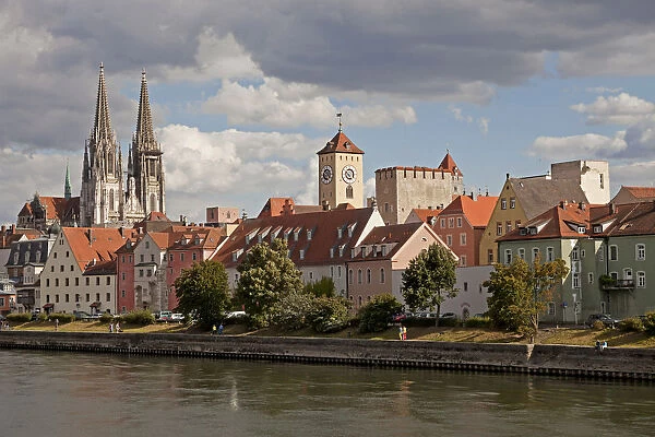Cityscape with the Danube, historic centre, the clock tower of the Old Town Hall and Regensburg Cathedral, Regensburg, Bavaria, Germany