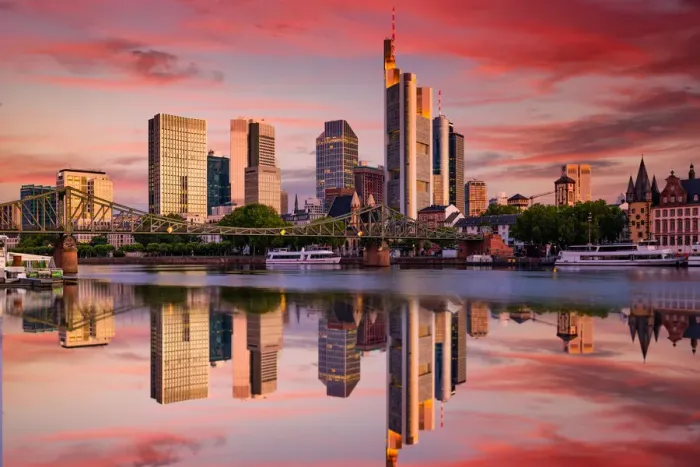 Framed Print : Cityscape of Frankfurt am Main at sunset. Reflection of skyscrapers in the river