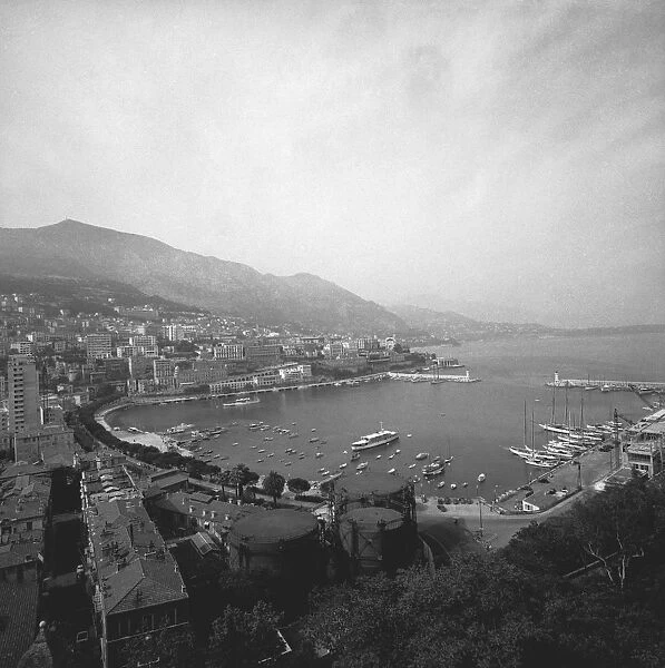 Cityscape at harbour, (B&W), elevated view