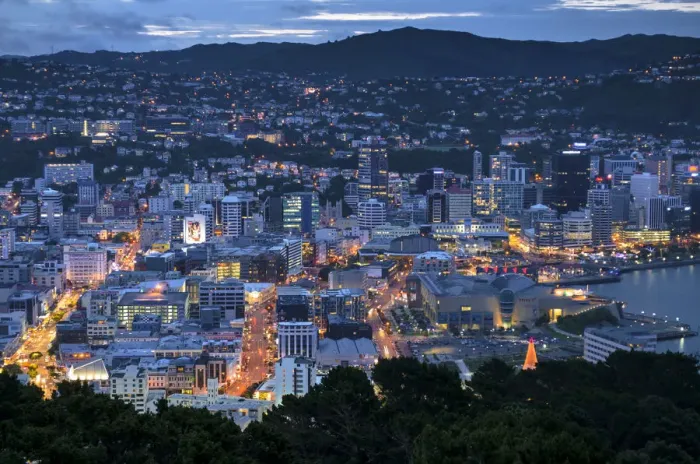 Framed Print : Cityscape, Wellington waterfront at dusk, New Zealand, North Island