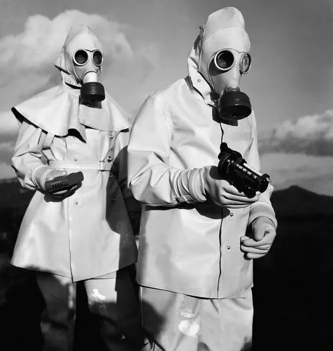 Framed Print : Civil Defense Workers in Protective Suits Framed Print : Civil Defense Workers in Protective Suits