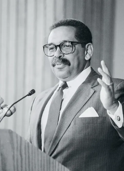 Framed Print : Civil Rights Commission Chairman Clarence Pendleton at Microphones Framed Print : Civil Rights Commission Chairman Clarence Pendleton at Microphones